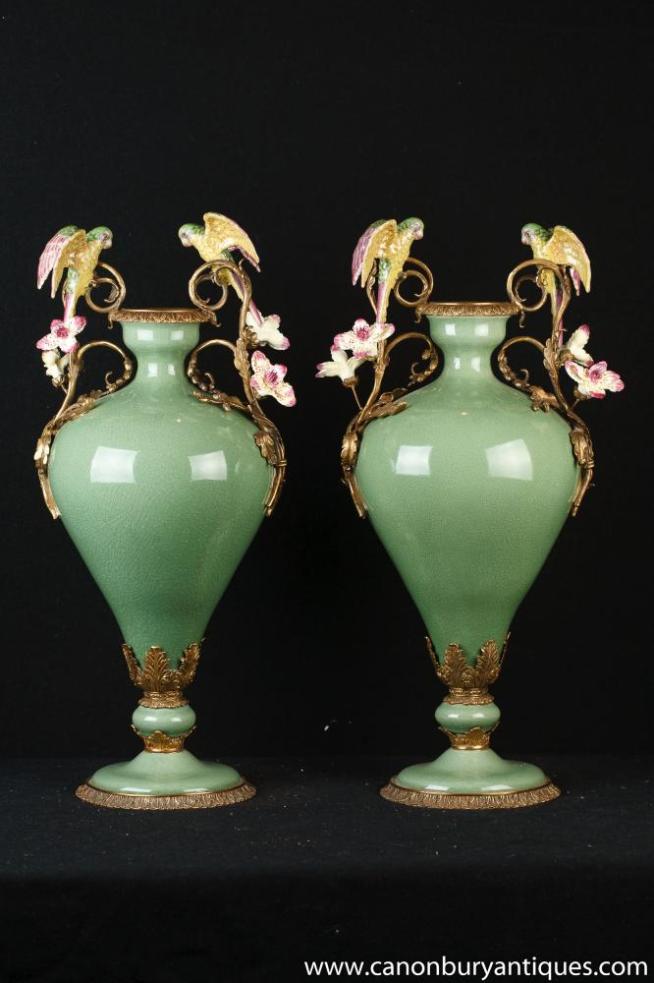 Pair French Porcelain Parrot Urns Vases Amphora