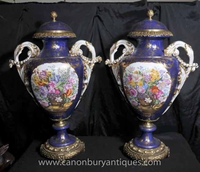 Pair French Sevres Floral Porcelain Vases Amphora Urns