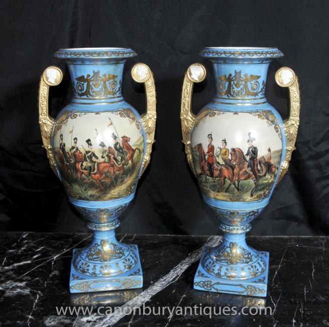 Pair French Sevres Porcelain Military Vases Amphora Urns