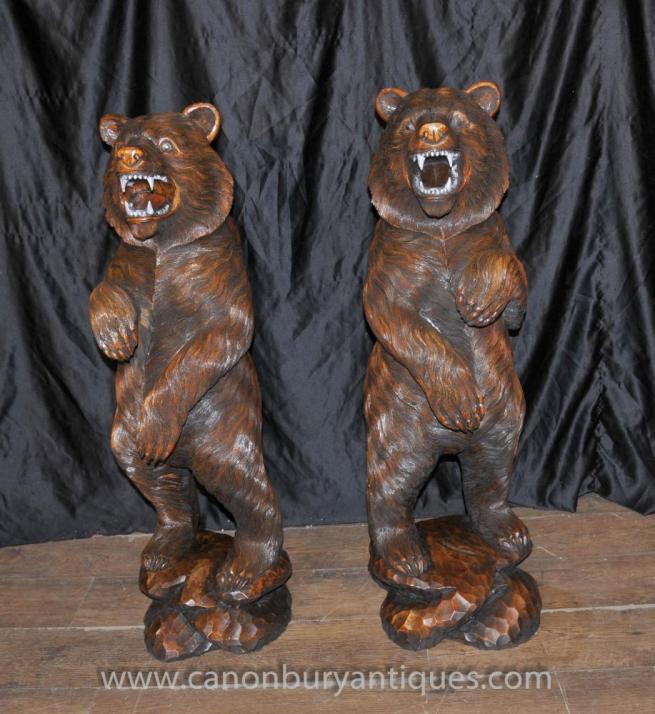 Pair German Black Forest Hand Carved Brown Bears Bear Statue