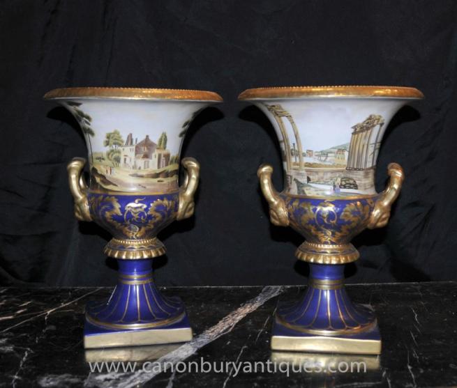 Pair German Dresden Porcelain Campana Urns Planters