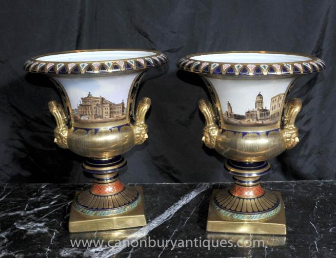 Pair German Dresden Porcelain Campana Urns Vases Planters Pottery