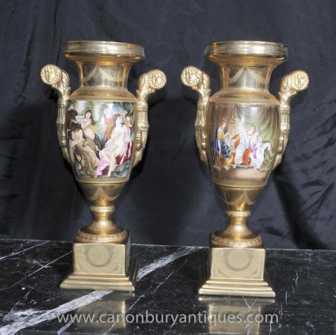 Pair German Dresden Porcelain Roman Toga Urns Vases Classical Amphora