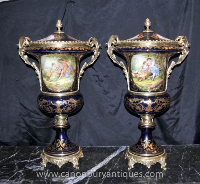 Pair Large French Sevres Porcelain Lidded Urns Vases