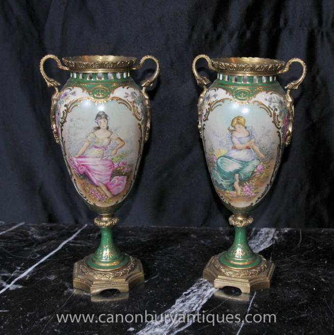 Pair Sevres Porcelain Romantic Angle Vases French Pottery