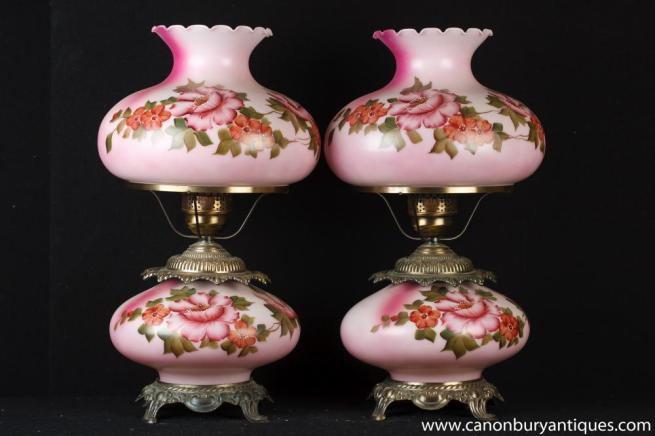 Pair Victorian Opaline Glass Table Lamps Lights Painted Shades