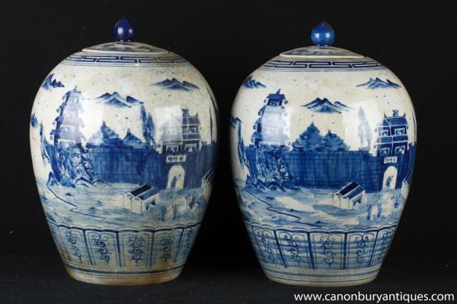 Pair Yuan Blue and White Chinese Porcelain Lidded Urns Vases