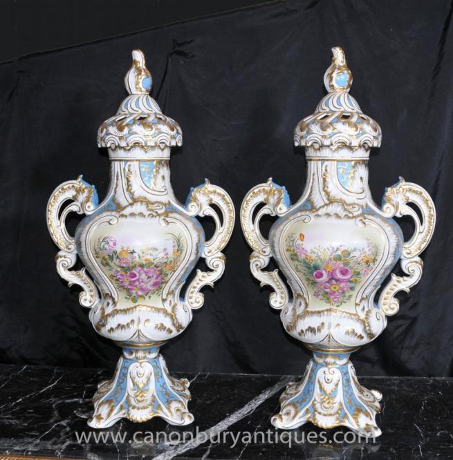 Paris Sevres Porcelain Floral Vases Lidded Urns French Pottery