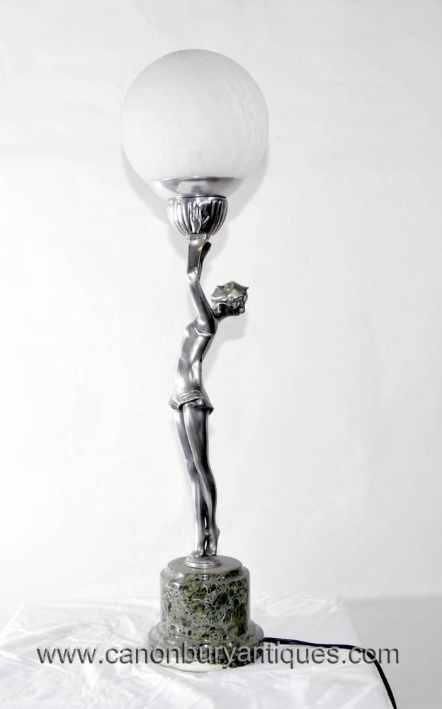 Polished Pewter Art Deco Female Figurine Table Lamp Light