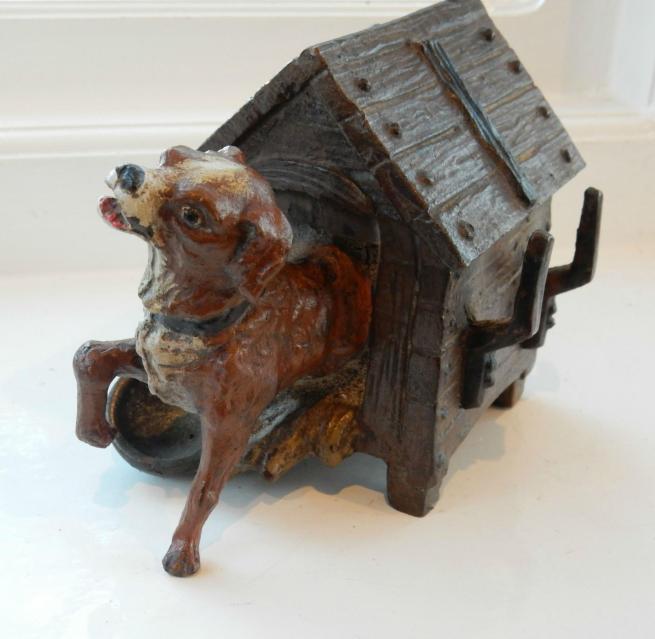 Cold Painted Bronze Dog In Kennel Ink Well