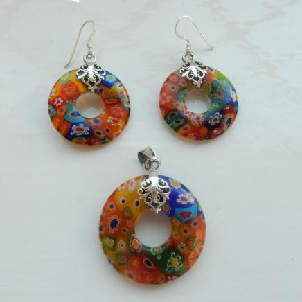 Italian Millifiori Glass & Sterling Silver 3 Piece Jewellery Set