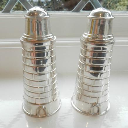 Novelty Silver-Plate Lighthouse Salt & Pepper Shakers