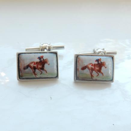 Pair Silver & Enamel Horse Racing Cufflinks