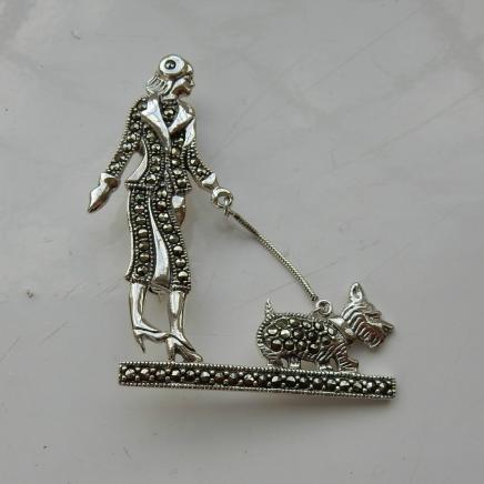 Silver Lady Walking Dog Brooch