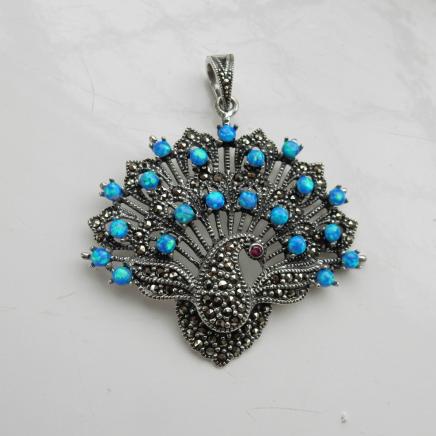 Silver Marcasite Peacock Fan Pendant