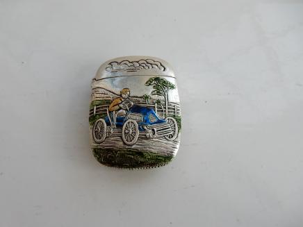 Silver-Plate & Hand Painted Enamel Motor Car Vesta