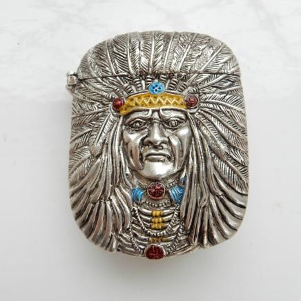 Silver-Plate & Hand Painted Enamel Red Indian Vesta