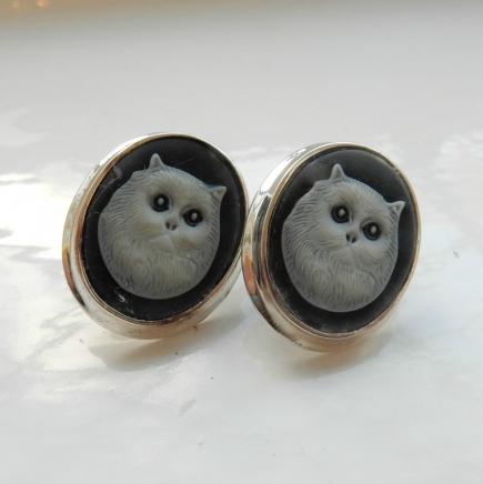 Solid Silver Cat Cameo Earrings