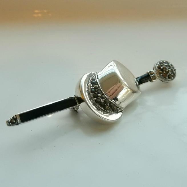 Sterling Silver & Enamel Cabaret Hat & Cane Brooch