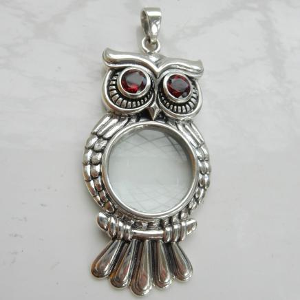 Sterling Silver & Garnet Owl Magnifying Glass Pendant