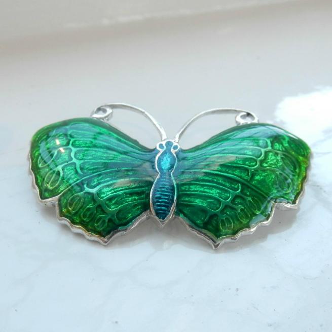 Sterling Silver & Green Enamel Butterfly Brooch