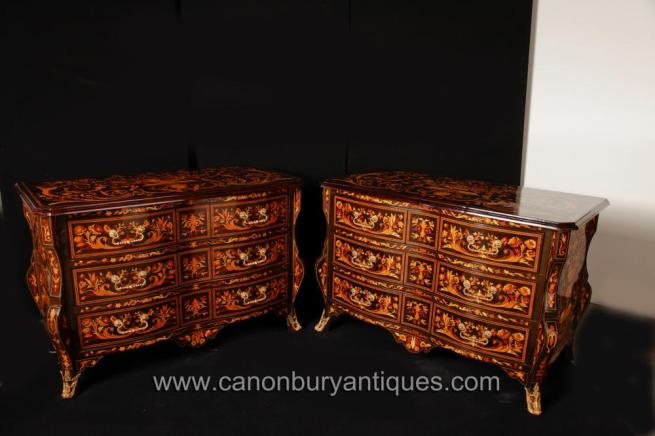 Pair Dutch Marquetry Bombe Chests Drawers Commodes