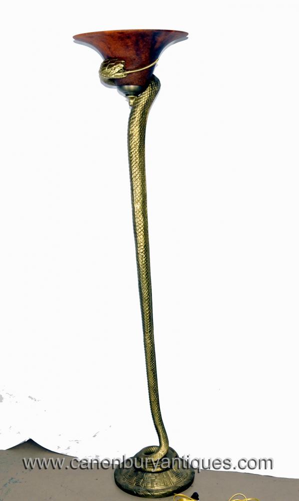 Art Deco Bronze Snake Floor Lamp Edgar Brandt Lights Alabaster Shade Tentation 