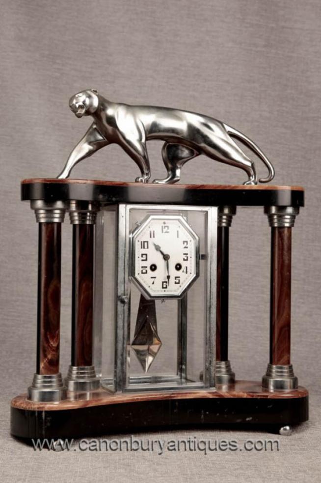Art Deco Marble Chrome Mantle Clock Silver Patina Panther