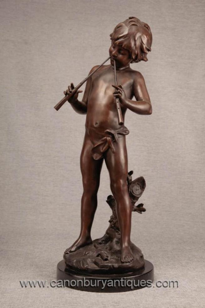  Bronze Pan Piper Boy Cherub Statue Signed Moreau French