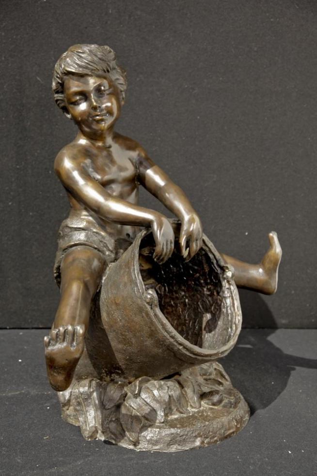 French Bronze Bucket Cherub Boy Garden Fountain Water Feature
