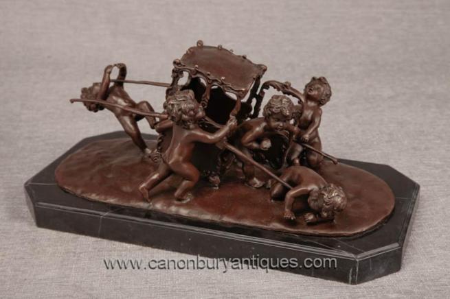 French Bronze Cherub Carriage Statue Putti Cherubim