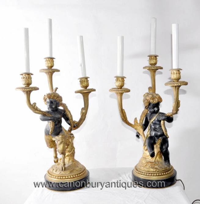 Pair Antique Clodion French Empire Cherub Candelabras Candles Satyr