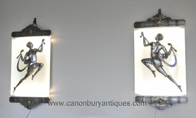 Pair Art Deco Bronze Wall Lights Sconces Appliques by Gori Plaques