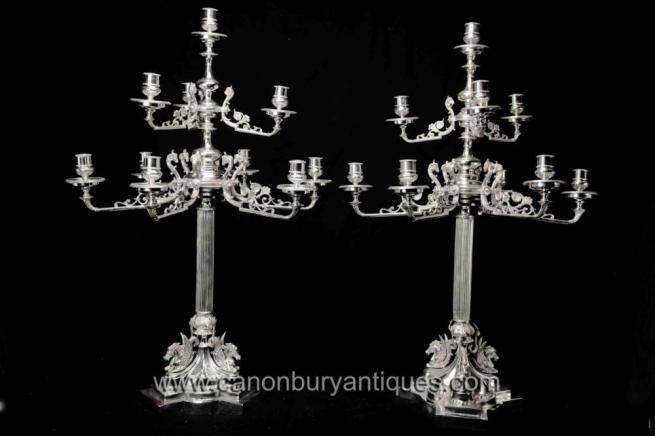 Pair Big Victorian Silver Plate Candelabras Double Tiered Doric Pegasus