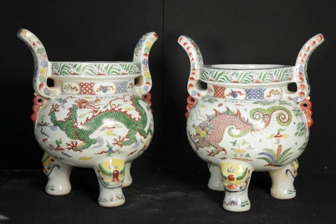 Pair Chinese Kangxi Porcelain Planters Dragon Temple Urns