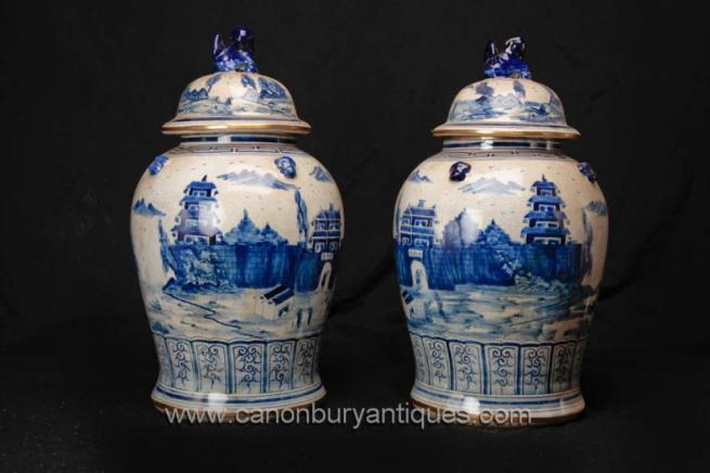 Pair Chinese Ming Porcelain Blue and White Ginger Jars Vases