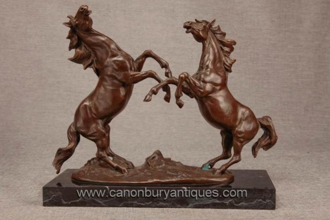 Pair French Bronze Horses by Milo Leaping Duelling Statue Pony