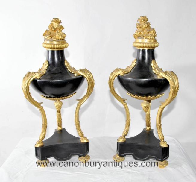 Pair French Empire Antique Marble Urns Ormolu Stands