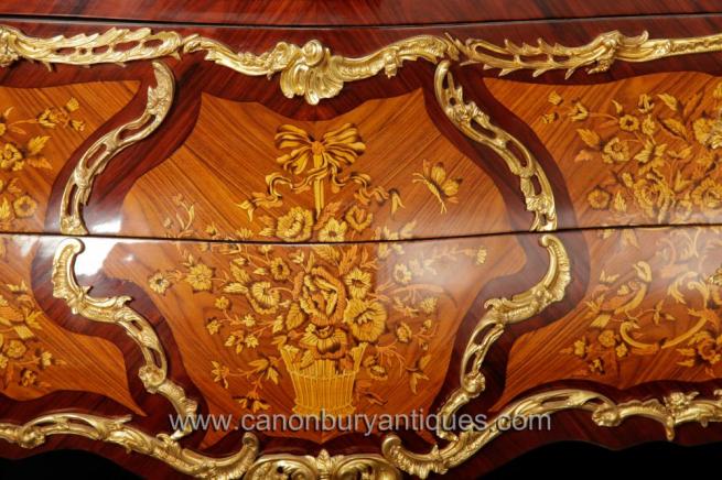 Pair French Empire Bombe Marquetry Commodes Chest Drawers