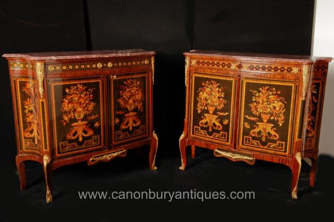 Pair French Empire Cabinets Commodes Chests on Stands Inlay