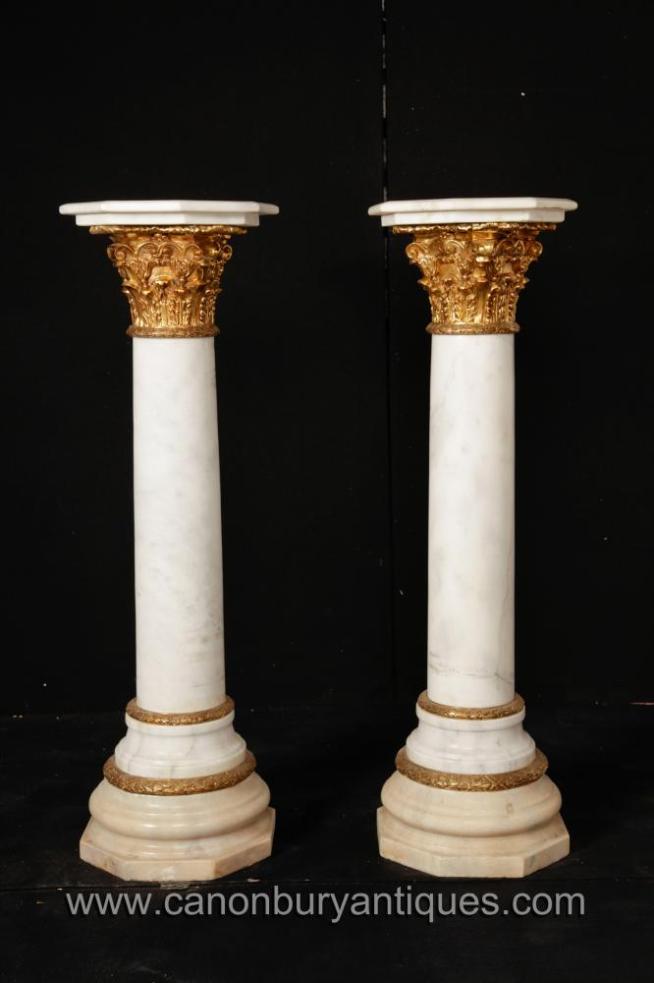 Pair French Empire Marble Corinthian Column Stands Pedestal Tables