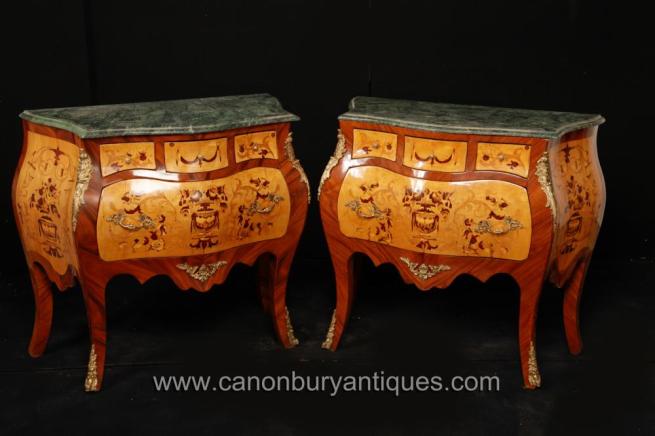 Pair French Empire Marquetry Inlay Bombe Commodes Chests Drawers