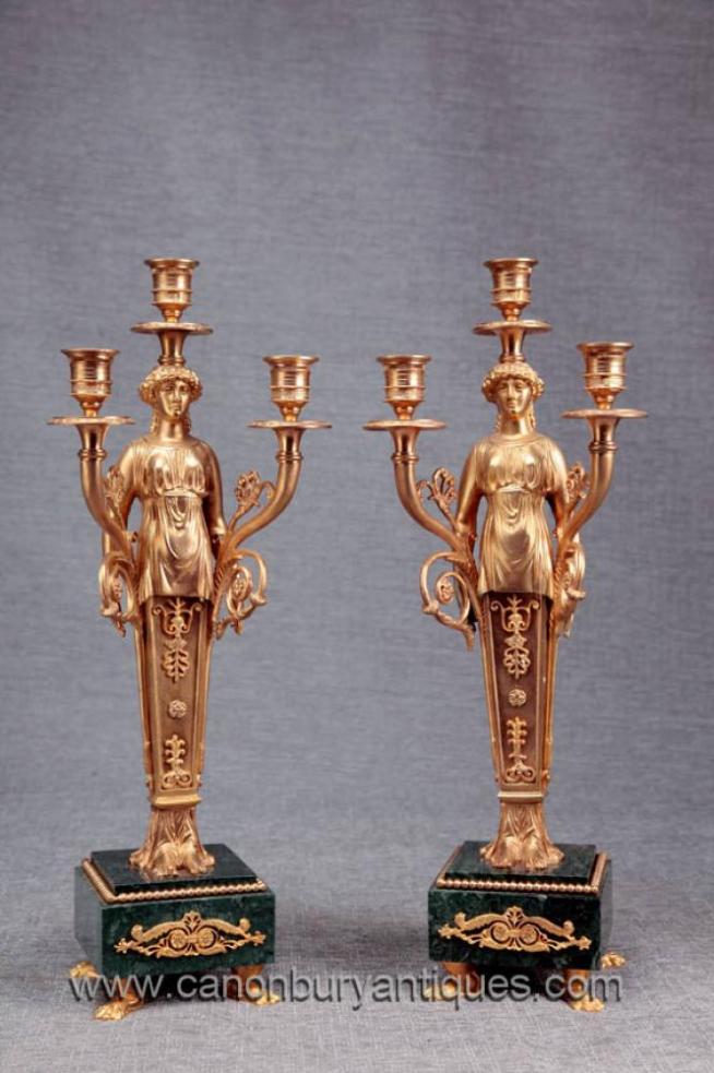  Pair French Empire Ormolu Marble Candelabras Candle Sticks