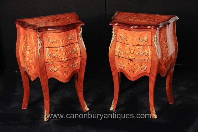 Pair French Louis XVI Bombe Chests Drawers Commodes Nightstands