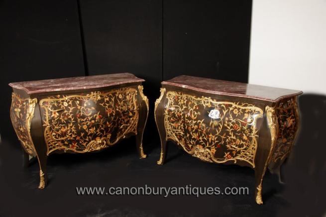 Pair Frency Black Lacquer Bombe Commodes Chests Drawers