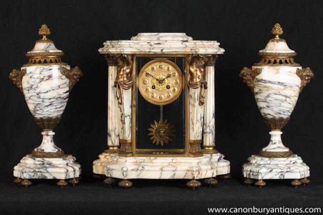 Antique French Empire Marble Clock Set Garniture Urns Atlas