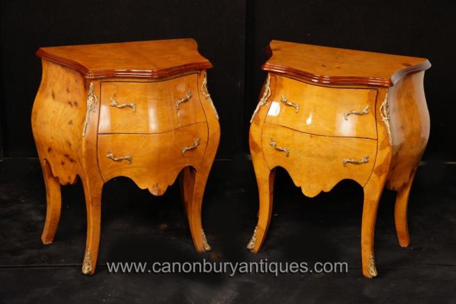 Pair French Empire Bombe Commodes Chests Nightstands Bedside Chests