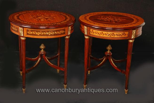 Pair French Empire Round Side Tables Cocktail Table Inlay