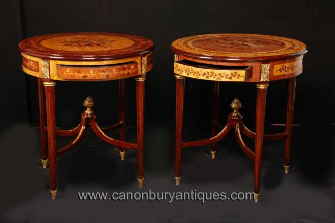 Pair Louis XVI Marquetry Inlay Cocktail Side Tables French Furniture