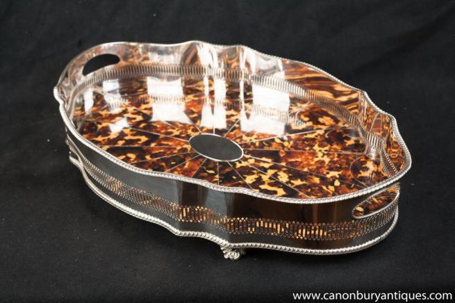 Victorian Silver Plate Butlers Tray Faux-Tortoiseshell Platter